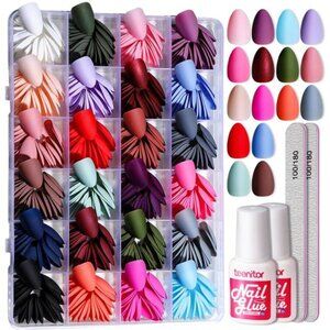 24 Colors Short Almond Press on Nails Matte Acrylic Fake Nails Kit for Holidays